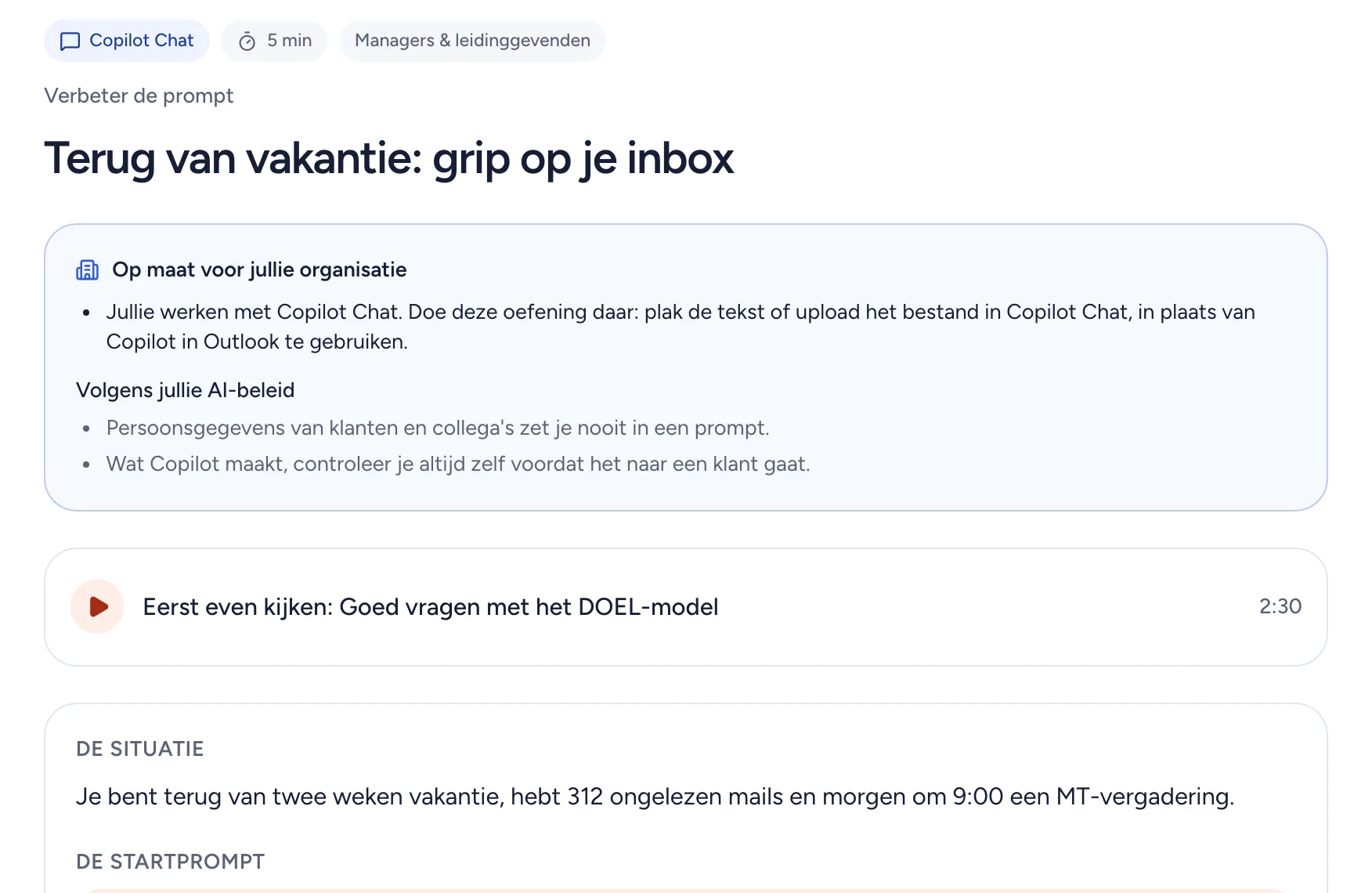 Een oefening met de melding 'Op maat voor jullie organisatie' en twee regels uit het AI-beleid.