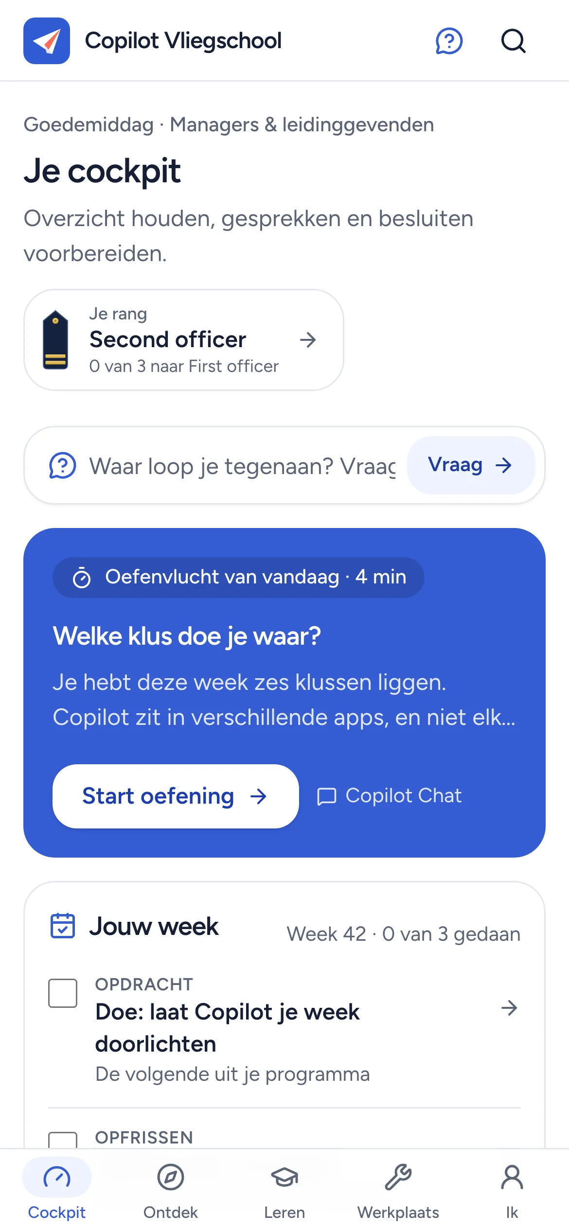 De cockpit van de Vliegschool op een telefoon.